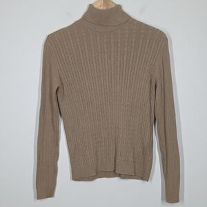 Vtg Y2K Evan Picone Tan Cable Knit Turtleneck Sweater Cotton Preppy Academia Med